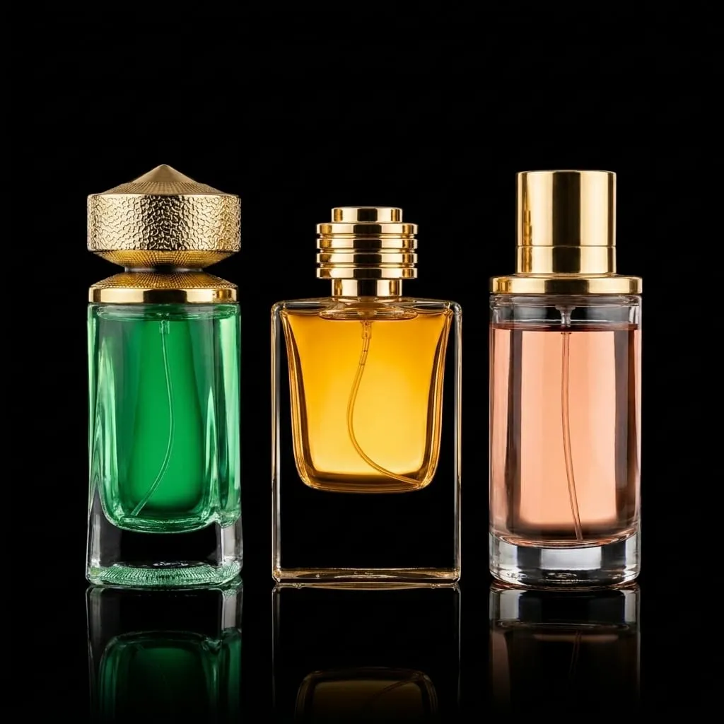 Three private-label perfume bottles in green, amber and pink — F&F