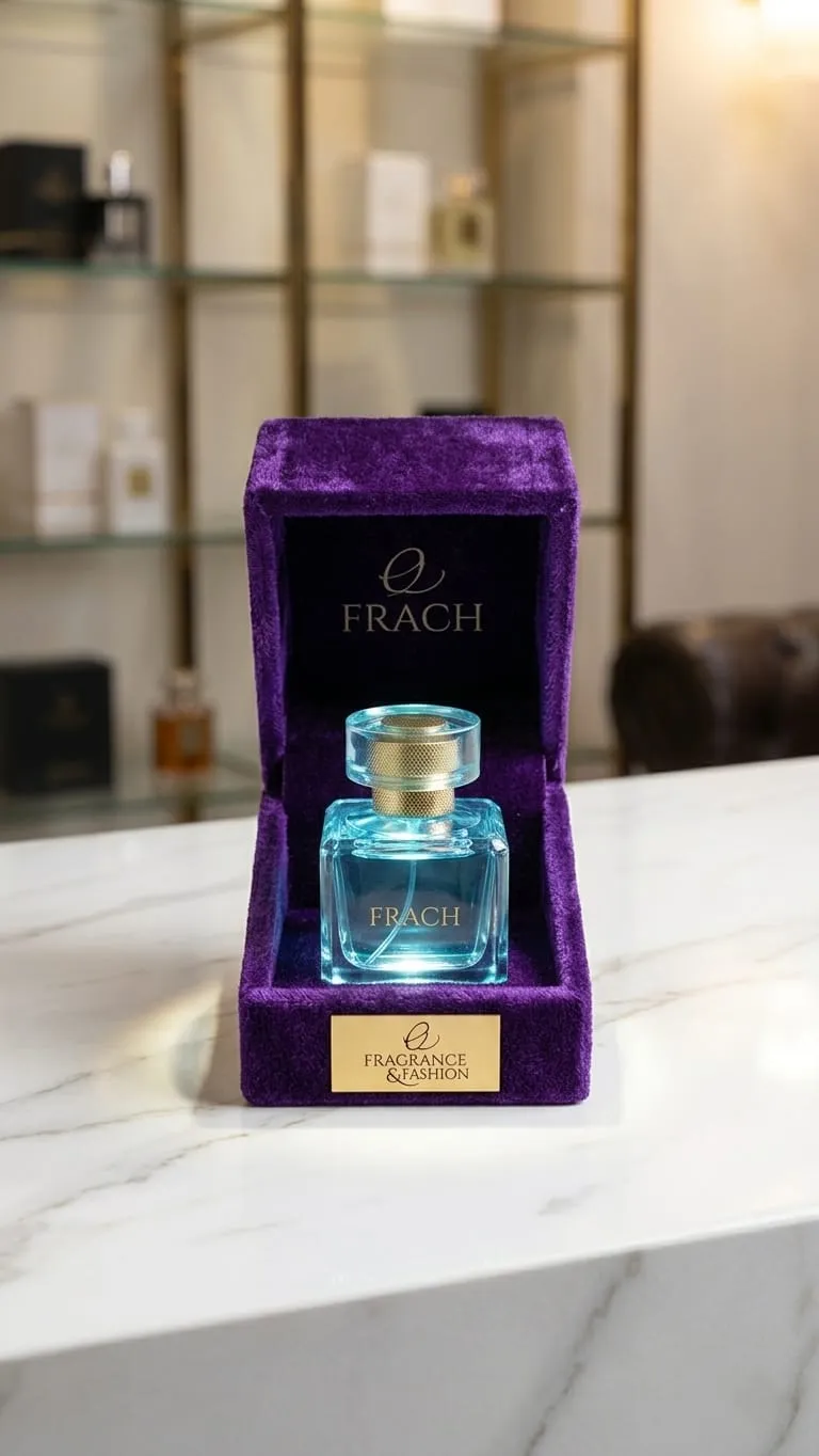 FRACH private-label perfume in a purple velvet case with foil-stamped Fragrance & Fashion plate