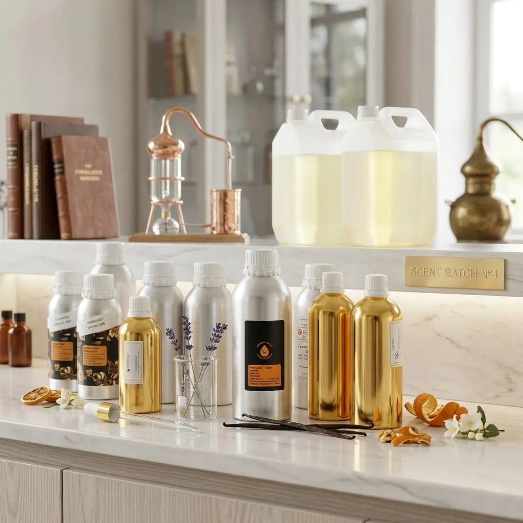 Perfumer's bench with copper still, batch bottles, vanilla and citrus — custom fragrance composition at F&F