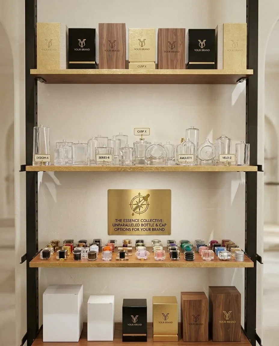 Glass bottle and cap library at F&F — Desiom, Series, Cusp, Amulefy, Velo shapes with cap finishes and rigid box options