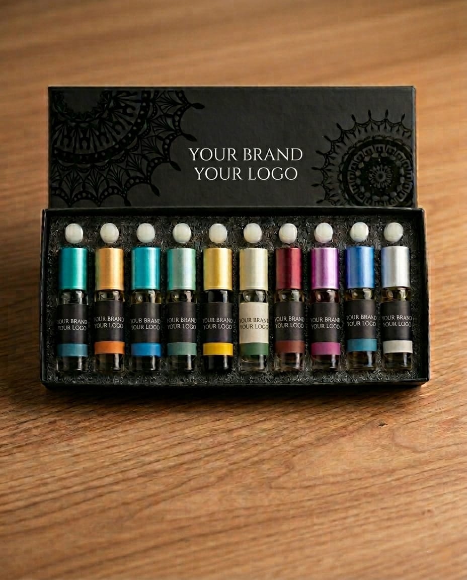Ten-piece attar set in private-label packaging — alcohol-free concentrated perfume oils by F&F
