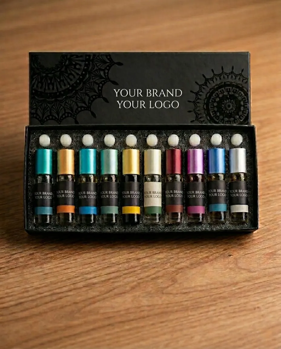 Ten-piece attar set in private-label packaging — alcohol-free concentrated perfume oils by F&F