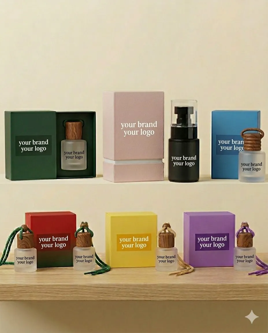 Private-label car perfume range with wooden-cap hanging bottles and matching coloured boxes — manufactured by F&F