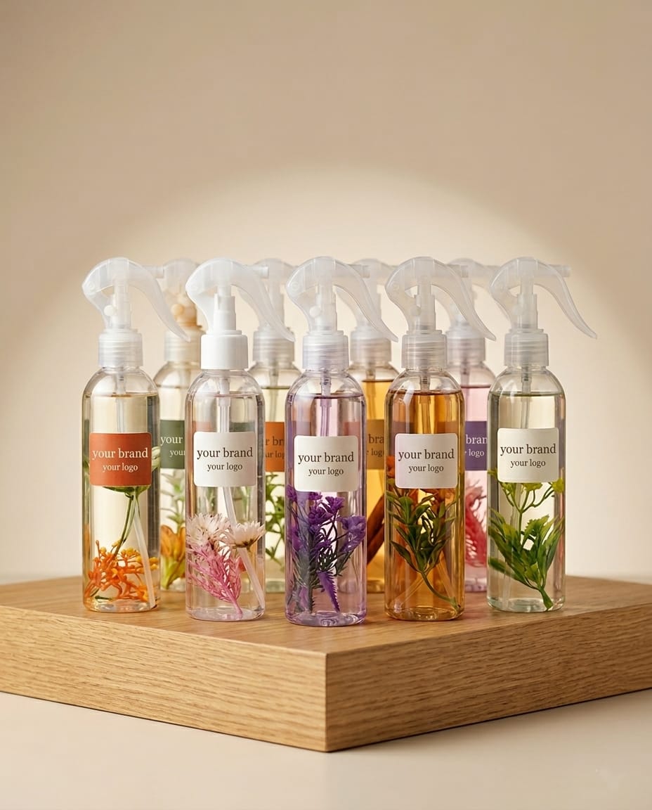 Private-label home fragrance room-spray range with botanical inserts and custom labels by F&F