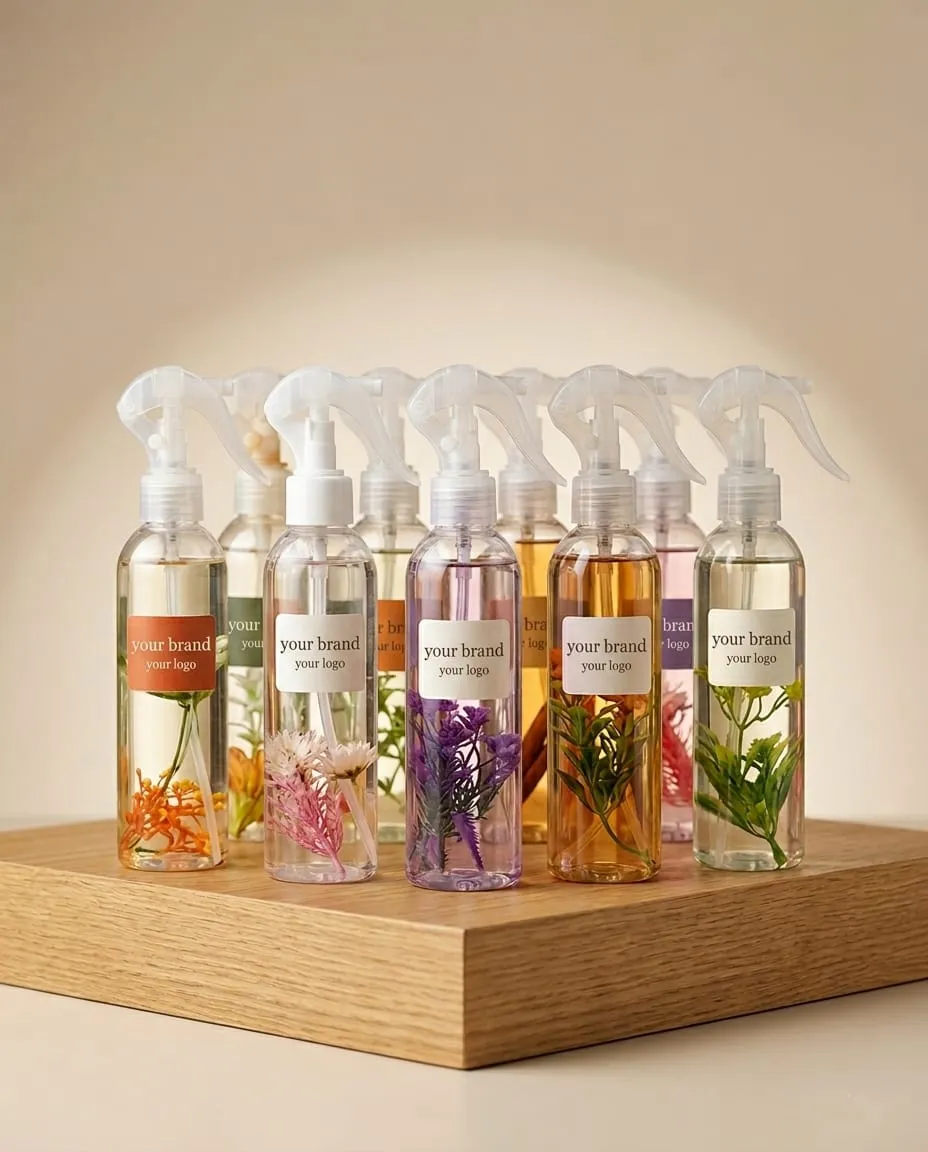 Private-label home fragrance room-spray range with botanical inserts and custom labels by F&F