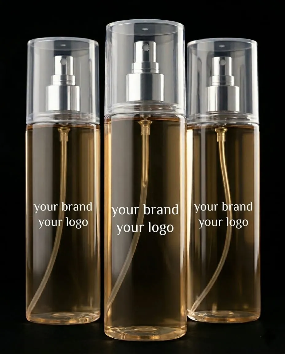 Three private-label body mist bottles with amber juice — daily-use fragrance manufactured by F&F